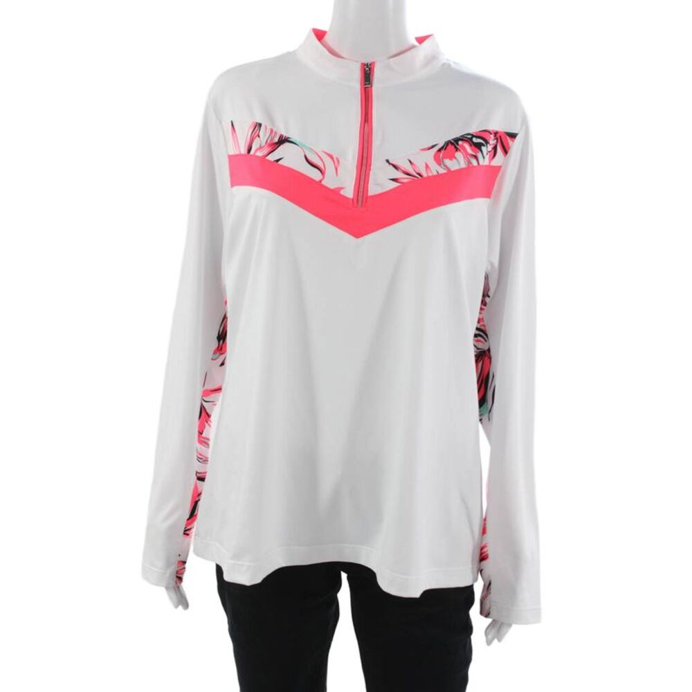 Tail Women White Floral Mock Neck Pullover Tee Long Sleeve Zip Size XL